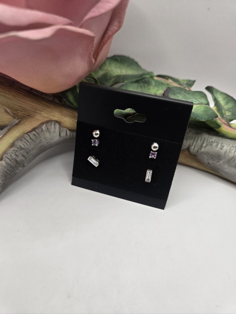 Sterling Silver-Tone Purple & Clear Stone Stud Earring Set